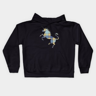 Scottish Blue, Grey and Yellow Tartan Rearing Unicorn Silhouette Kids Hoodie